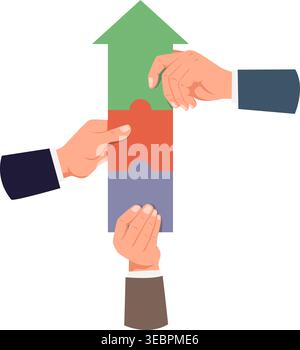 Hands of businesspeople connect puzzle of growing graph arrow. Effective teamwork. People jointly create their success. Partners cooperation for Stock Vector