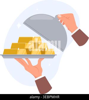 Hand holding tray of gold bars. Golden ingot on platter with dome. Wealth and investment. Waiter carries money at dishware. Arm with profit currency. Stock Vector