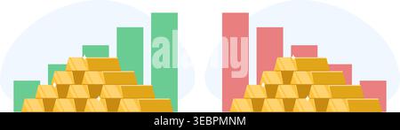 Gold bars with rising and falling price charts. Investing in golden metal. Financial growth or crisis. Finance investment success or failure. Decrease Stock Vector