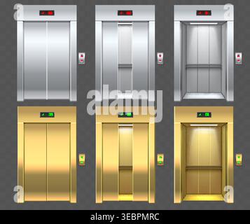 Gold and silver elevator entrance doors. Realistic metallic opening and closing hotel lift doorway with call buttons and floor indicators. 3D cabin ga Stock Vector