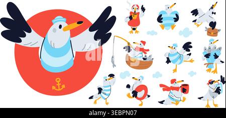 Funny cartoon seagull. Amusing seabird wearing vest and sailors hat in various poses and actions. Sea animal fishing at boat. Ocean mascot with Stock Vector