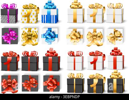 Colorful gift boxes. Selection of realistic birthdays presents. Variety of ribbons, bows and decorations. Items for holidays. Christmas surprise top Stock Vector