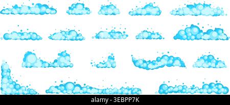Cartoon soap foam with blue bubbles in flat style. Shower detergent suds. Soapy border. Cosmetic mousse or cleanser. Shampoo balls. Cleaning toiletry Stock Vector