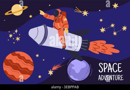 Astronaut in spacesuit flying on rocket. Space exploration. Discovery of new planets. Expedition flight. Cosmic adventures. Futuristic spacewalk Stock Vector