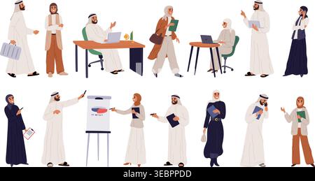 Arab business team. Men and women office workers in Muslim clothing, keffiyehs and hijabs. Presentation or negotiations. Different poses and actions Stock Vector