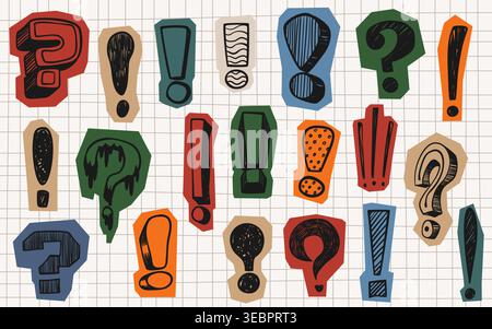Scrapbook set of question and exclamation marks on notebook page background. Vector illustration of paper cutout stickers with doodle signs drawn by b Stock Vector