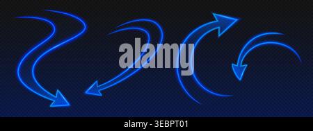 Set of neon blue arrows in motion isolated on transparent background. Vector realistic illustration of arrow rotating, moving spiral and in different Stock Vector