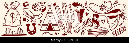 Doodle set of western cowboy and indian elements. Vector set of vintage horseshoe, sheriff hat, boot, money sack icons, wigwam, cactus, grand canyon o Stock Vector