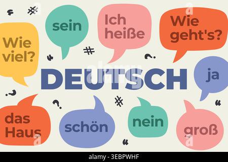 deutsch word and speech bubbles with german words and phrases; perfect for language learning materials, classroom posters, or educational social media Stock Vector