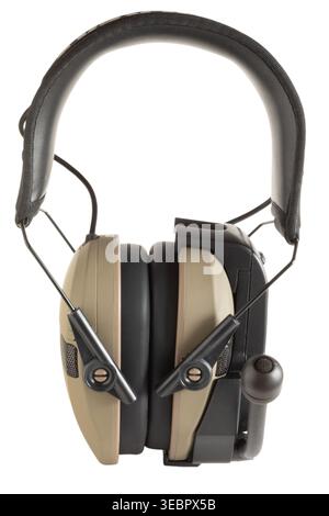 Frontside view of hearing proection with a two-way wirless radio built in and microphone isolated on a white background. Stock Photo
