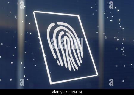 Glowing fingerprint icon on a dark digital background. Conceptual 3D render representing biometric authentication, cybersecurity, identity verificatio Stock Photo
