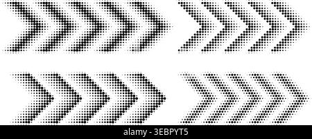 Halftone arrow chevron with dotted pattern create dynamic forward movement. Modern geometric icons feature gradient effects and abstract digital texture for design projects. Stock Vector