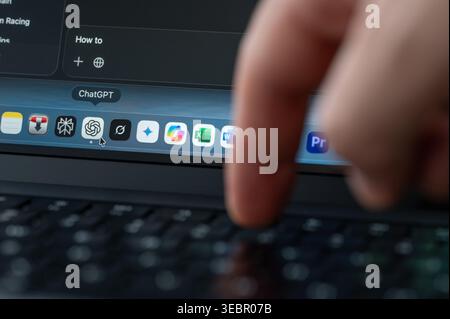 New York, USA - April 27, 2026: Type new promt in ChatGPT assistant on computer screen close up view Stock Photo
