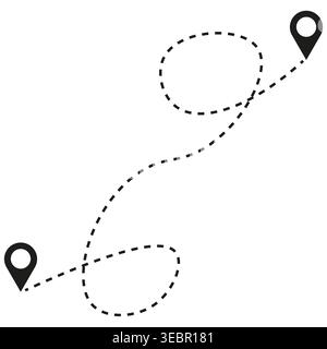 Map route with two location pin pointers vector. This graphic represents travel navigation, destination tracking, and distance. EPS 10. Stock Vector