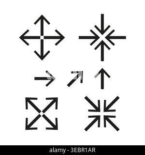 Set of black expansion and contraction arrow icons vector. These symbols are perfect for full screen modes, resizing and zoom. EPS 10. Stock Vector