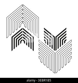 Geometric chevron arrow symbols with concentric lines pointing up and down vector. Perfect for business presentations and modern UI design. EPS 10. Stock Vector