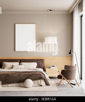 Modern bedroom with brown bed and blank poster frame mockup on neutral wall combined with minimal luxury design and natural lighting. 3D illustration Stock Photo