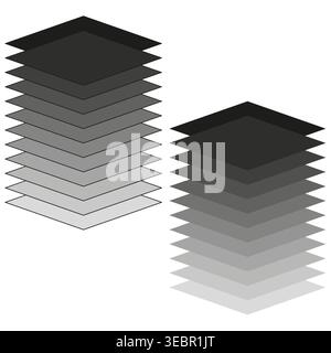 Isometric stack of square monochrome layers vector. Graphic represents data tiers or software architecture levels for web tech. EPS 10. Stock Vector