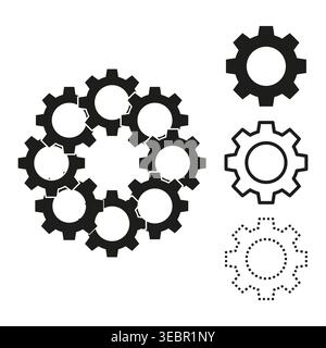 Gear set icon group in various styles vector. Professional mechanical elements illustrate complex engine parts and industrial progress. EPS 10. Stock Vector