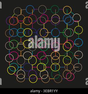 Colorful geometric grid of overlapping circles creating a complex network Vector. Ideal for technology branding and data visualization. EPS 10. Stock Vector