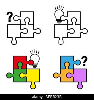 Puzzle pieces with question mark and lightbulb icons for problem solving and finding ideas vector. Ideal for business presentations and web design. EP Stock Vector