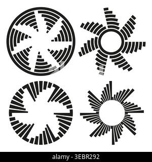 Circular sound equalizer bars vector set. Ideal for music app UI, audio technology branding, and digital graphics. EPS 10. Stock Vector