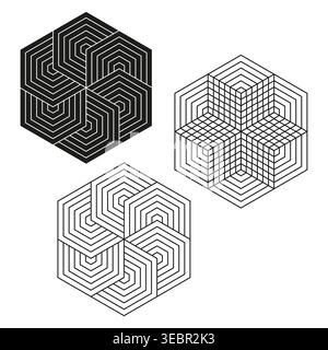 Geometric hexagonal abstract pattern set vector. Minimalist linear symbols represent perfect symmetry and modern design motifs. EPS 10. Stock Vector