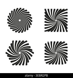 Set of abstract geometric halftone optical illusions vector. Ideal for modern branding, creative posters, and digital art projects. EPS 10. Stock Vector