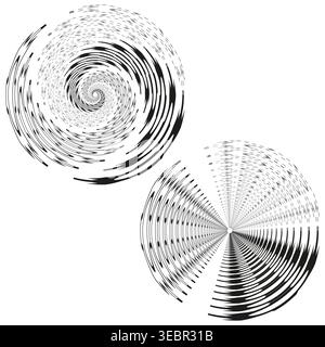 Abstract spiral and radial circular shapes vector. These monochrome decorative elements offer dynamic motion for modern designs. EPS 10. Stock Vector