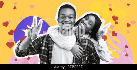 Smiling Young Man Holds Woman on Back Showing Peace Sign in Bright Studio Setting Stock Photo