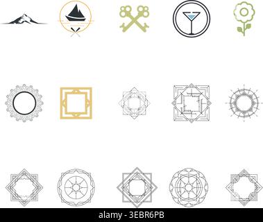 Minimalist Logo Icon Set with Sacred Geometry Frames and Modern Abstract Symbols Stock Vector