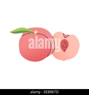 Ripe peach fruit with leaf and half vector graphic flat Stock Vector