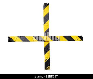 Black and Yellow Striped Hazard Tape Cross Isolated on White Background Stock Photo