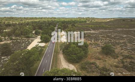 A long road stretches through the forest, with a red car driving down the center of the road Stock Photo