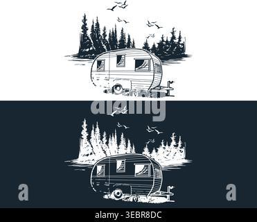 Vintage Retro Camper Trailer Illustration Hand-Drawn Travel Trailer Stock Vector