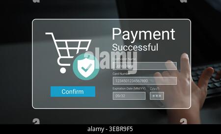 Online Shopping Confirmation Screen with Payment Success Message and User Input on Laptop Keyboard in Modern Digital Environment Gluon. Stock Photo