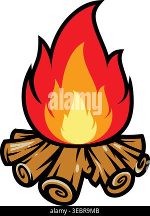 Vector Campfire Illustration with Burning Wood Logs and Red Flames Stock Vector