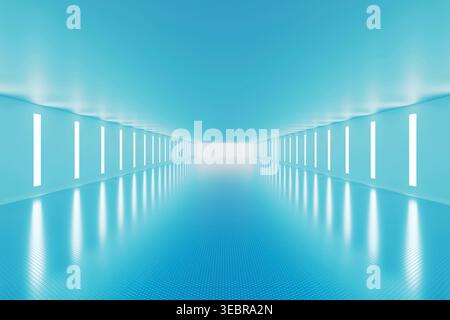 Empty futuristic blue corridor with symmetrical vertical light panels on both walls, creating depth and perspective in a minimalist interior space. Stock Photo