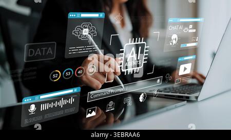 Business professional interacting with virtual data interface, showcasing AI agents, analytics tools, and communication features in a modern workspace Stock Photo