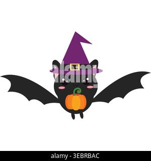 Cute bat wearing witch hat holding pumpkin. Perfect for Halloween and spooky cute designs Stock Vector