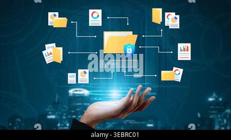 Futuristic Data Management System with Virtual Hand Holding Search Bar and Graphical Interface for Organizing Digital Information Gluon. Stock Photo