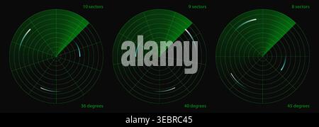Military radar screen with sonar hud technology, scan target vector. Circle green compass effect submarine, digital map ship ui. Interface system for Stock Vector