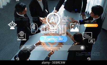 Business professionals collaborating on artificial intelligence concepts with gears and symbols representing innovation and technology in a modern Stock Photo