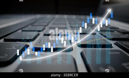 Abstract financial data visualization on laptop keyboard showing upward trend with charts, bars, and lines, representing economic growth and market Stock Photo