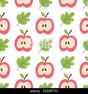 Cute Red Apple Half and Green Leaf Seamless Pattern Stock Vector