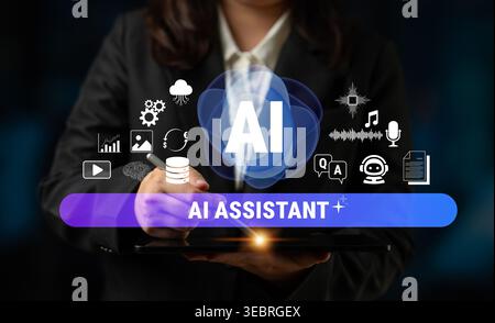 Professional businesswoman interacts with digital AI assistant interface showcasing innovation, technology, and modern communication tools for Stock Photo