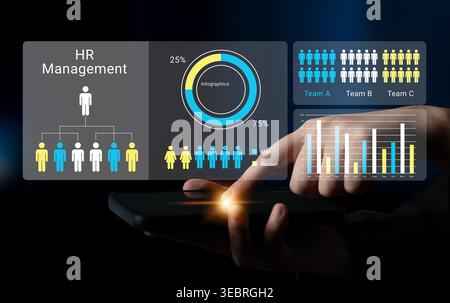 This stock image illustrates HR management concepts through infographics and data visualizations accessed via a mobile device, showcasing team Stock Photo