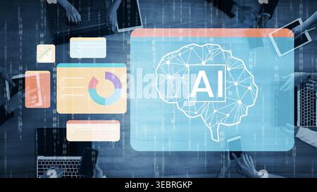 Abstract representation of artificial intelligence concept with data analytics and collaborative technology in a modern workspace environment Gluon. Stock Photo