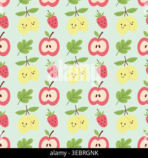 Cute Kawaii Fruit Seamless Pattern with Lemons and Apples Stock Vector