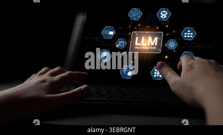 Large Language Model LLM processing data. Represents deep text learning, natural language processing NLP AI tech, transformer architecture, and Stock Photo